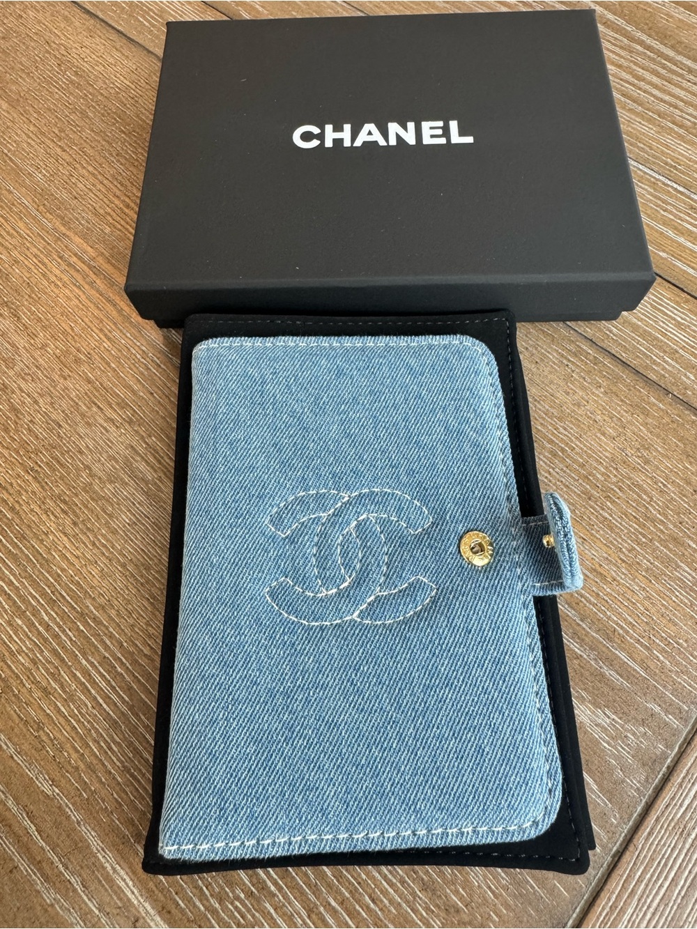 VIP CHANEL Light Blue Denim Quilted CC Snap Wallet/ Passport holder